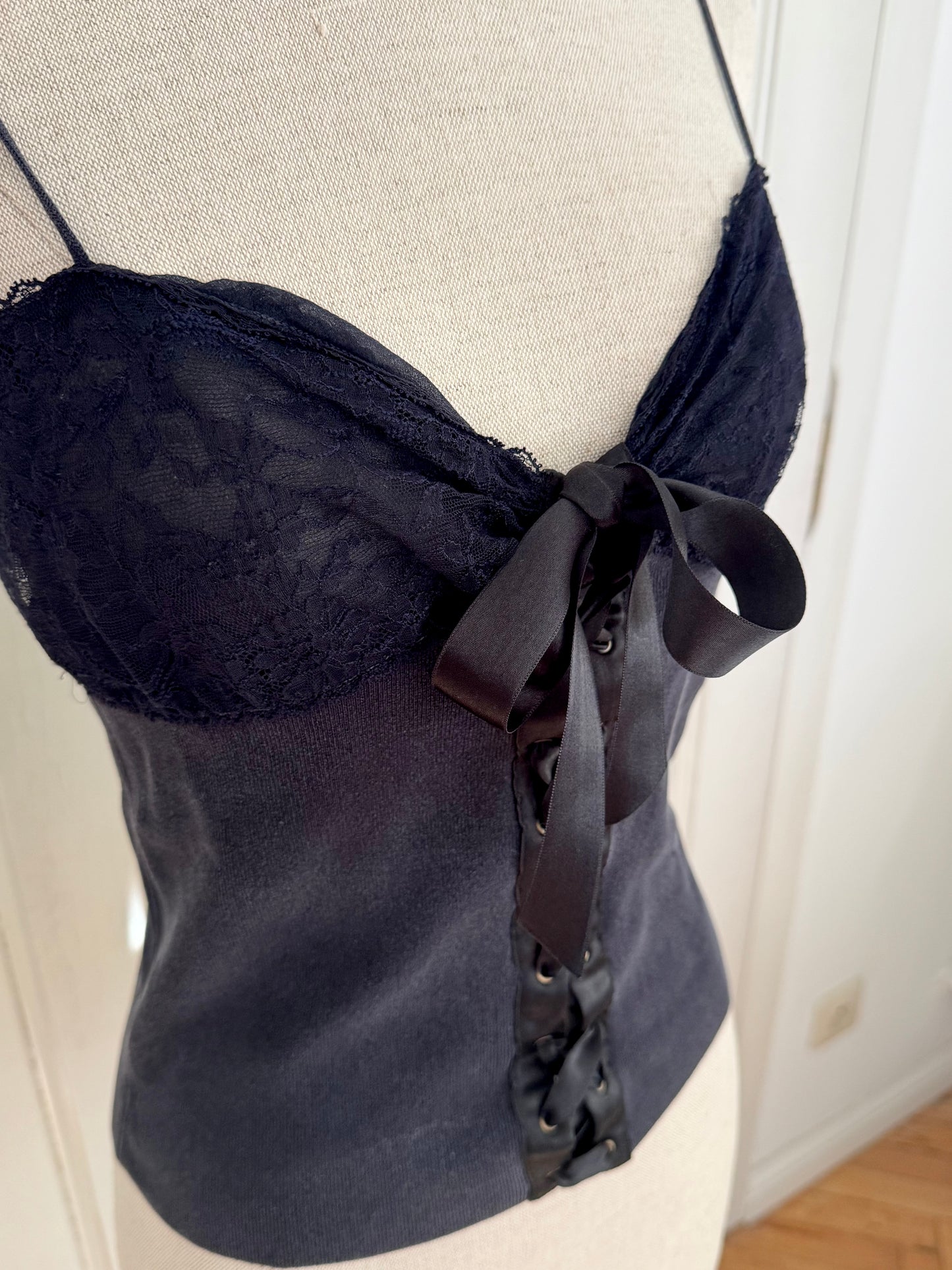 Valentino Vintage Lace And Ribbon Navy Top (M)