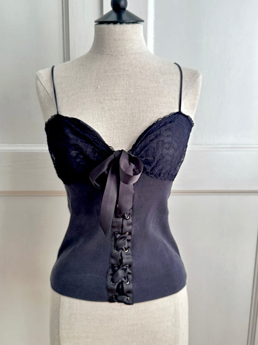 Valentino Vintage Lace And Ribbon Navy Top (M)