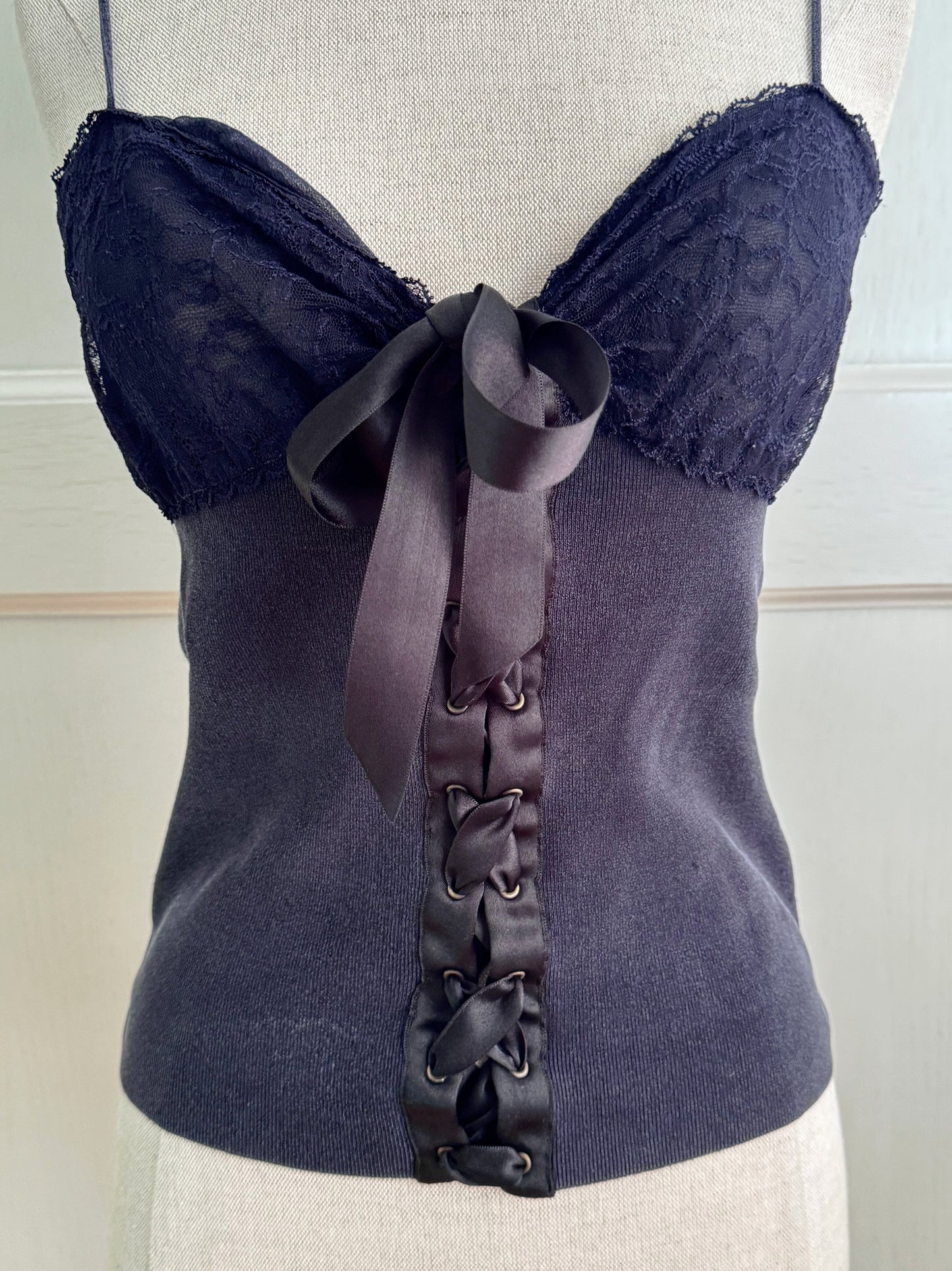 Valentino Vintage Lace And Ribbon Navy Top (M)