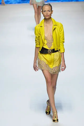 RUNWAY Blumarine 2008 Spring / Summer Silk Yellow Beaded Lace Dress (IT 44 / L)