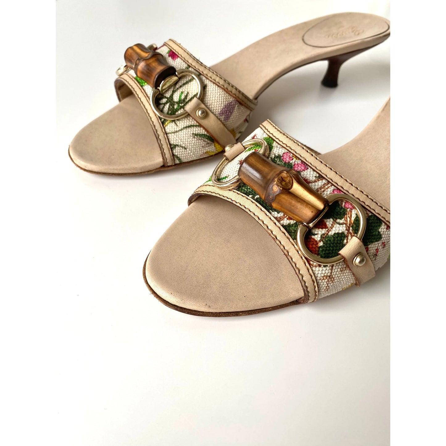 Gucci Canvas and Leather Horsebit Mules, Kitten Heels (EU 39 / US 8)