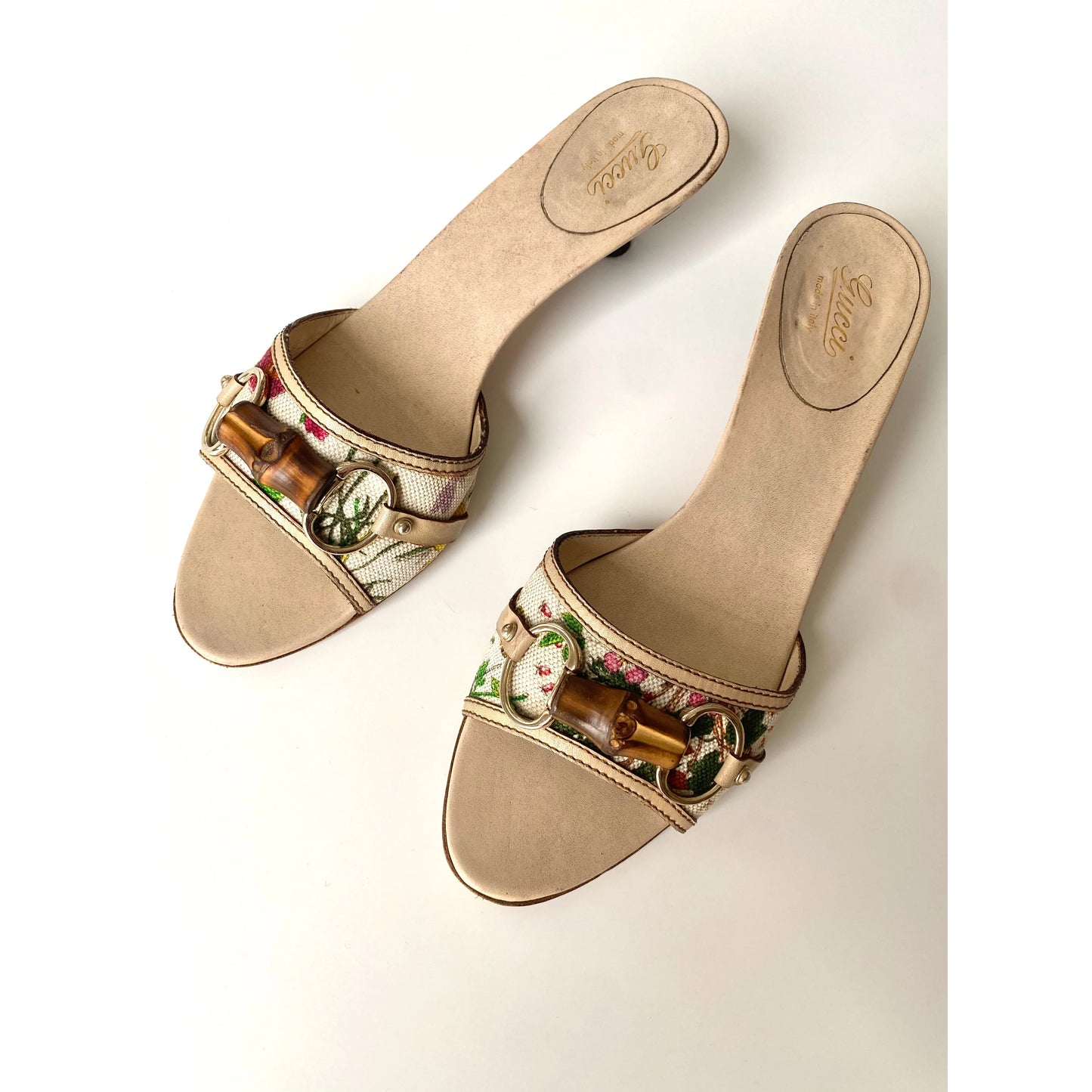 Gucci Canvas and Leather Horsebit Mules, Kitten Heels (EU 39 / US 8)