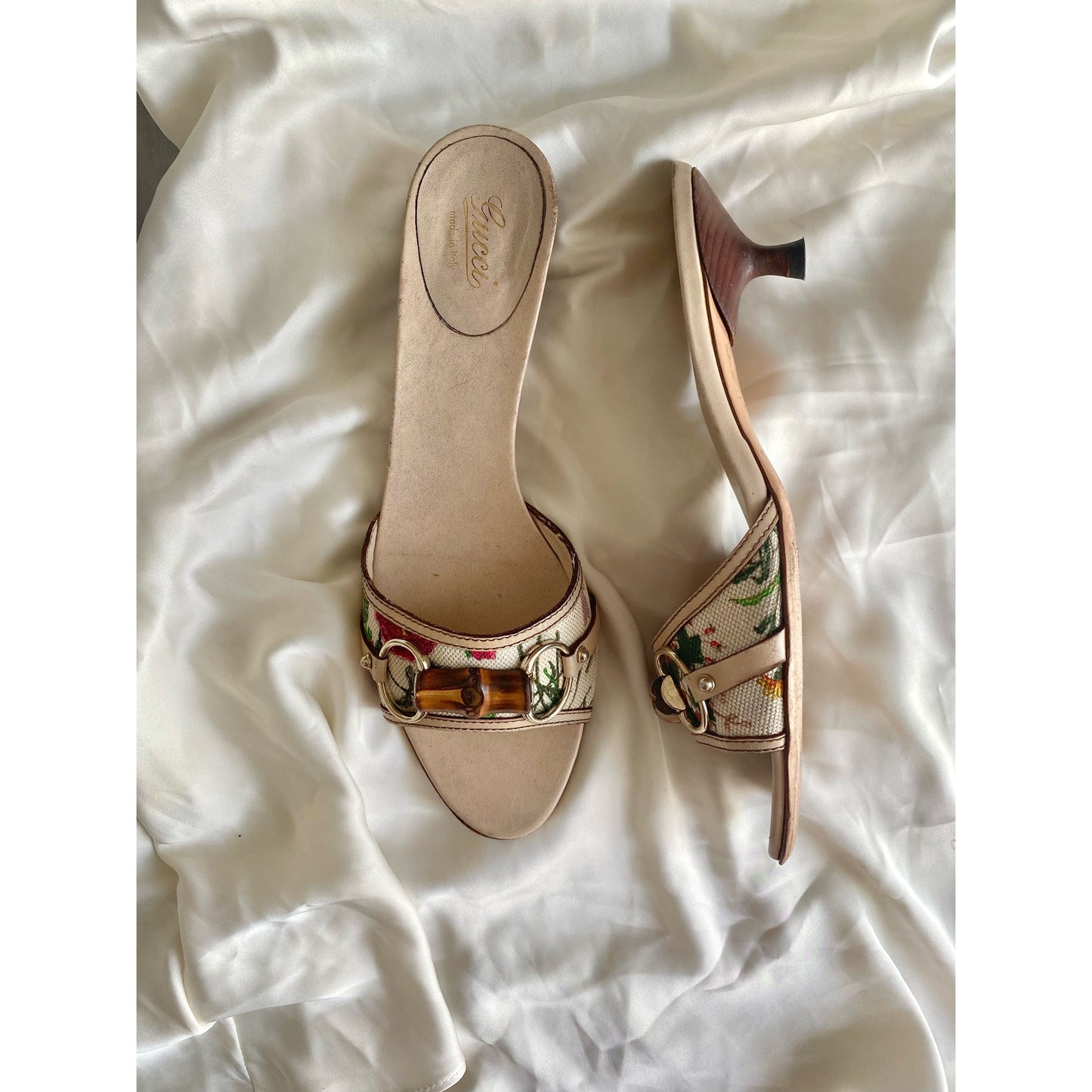 Gucci Canvas and Leather Horsebit Mules, Kitten Heels (EU 39 / US 8)