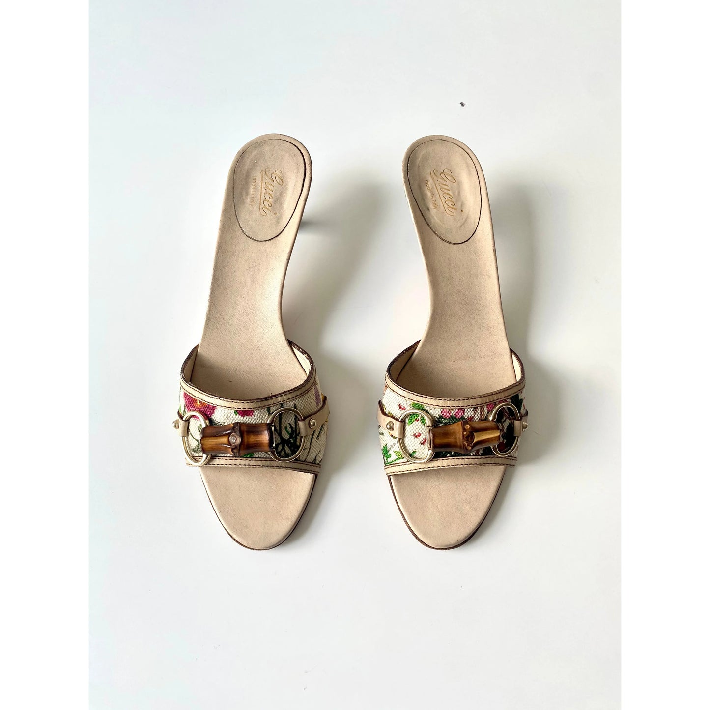 Gucci Canvas and Leather Horsebit Mules, Kitten Heels (EU 39 / US 8)