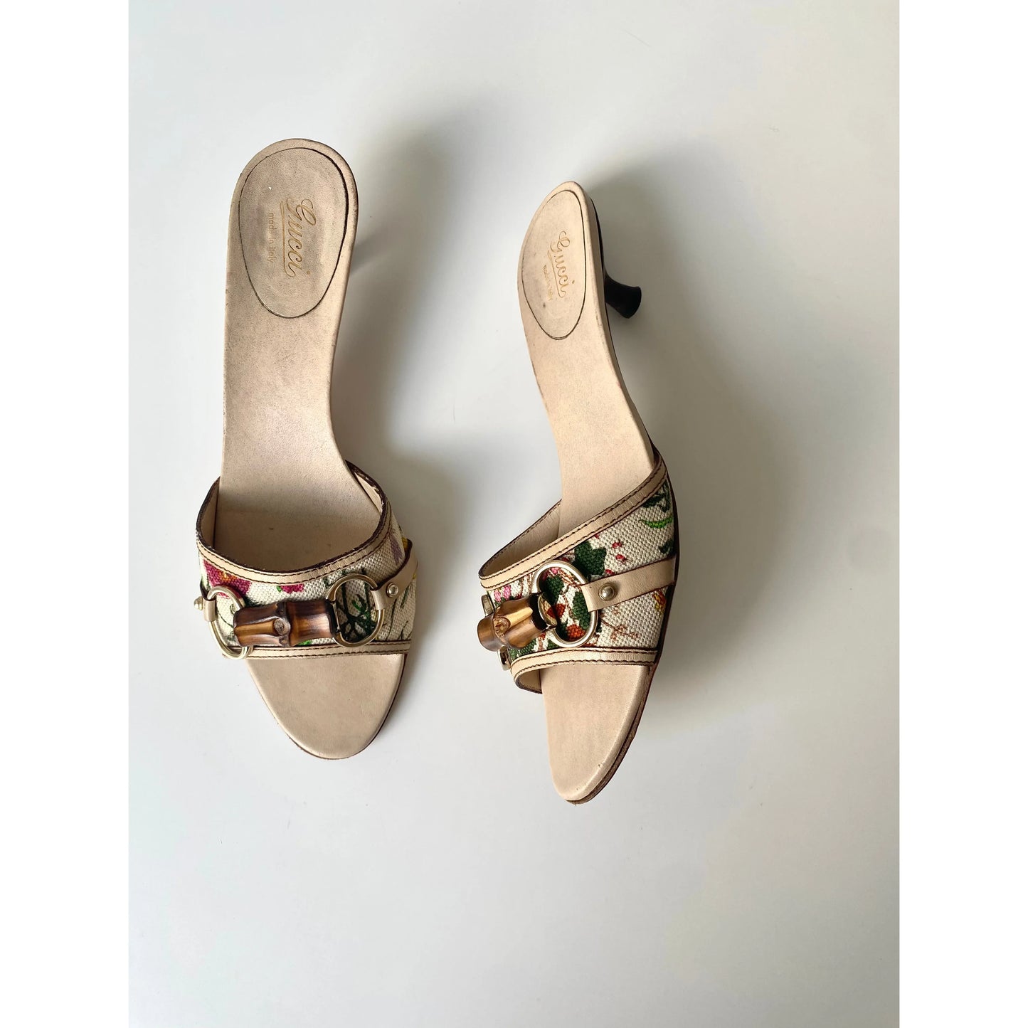 Gucci Canvas and Leather Horsebit Mules, Kitten Heels (EU 39 / US 8)