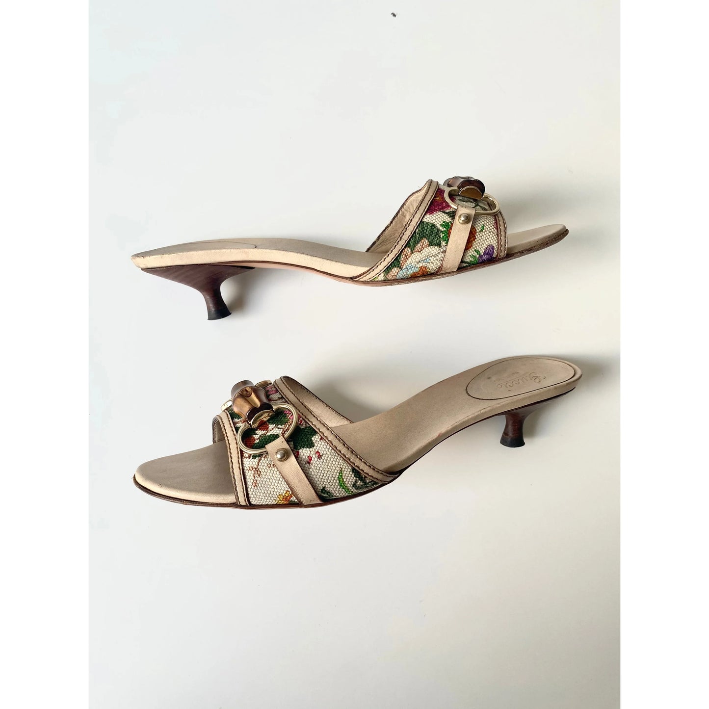 Gucci Canvas and Leather Horsebit Mules, Kitten Heels (EU 39 / US 8)