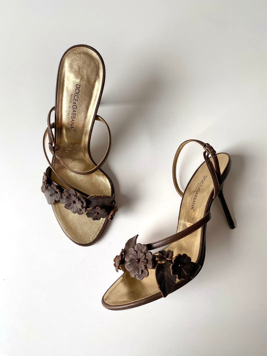 Dolce Gabbana Flower Sandal Brown & Gold (EU 37)