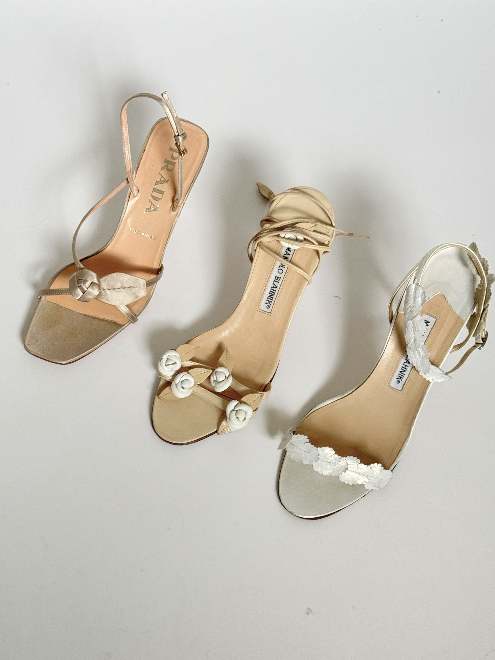 Vintage white white bridal heels Manolo Blahnik Prada flower heels Ciao Kasia