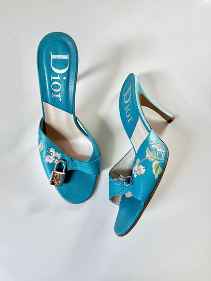 ICONIC Dior by John Galliano F/W 2003 Blue Embroidered Flower & Locket Charm Heels (EU 37)