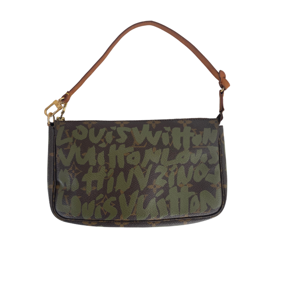 Louis Vuitton graffiti pochette in green, Louis Vuitton vintage pochette graffiti, Louis Vuitton vintage bag for sale, Louis Vuitton Stephen Sprouse collab, LV graffiti collection