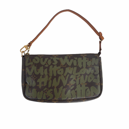 Louis Vuitton graffiti pochette in green, Louis Vuitton vintage pochette graffiti, Louis Vuitton vintage bag for sale, Louis Vuitton Stephen Sprouse collab, LV graffiti collection