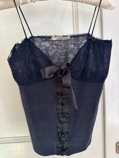 Valentino Vintage Lace And Ribbon Navy Top (M)