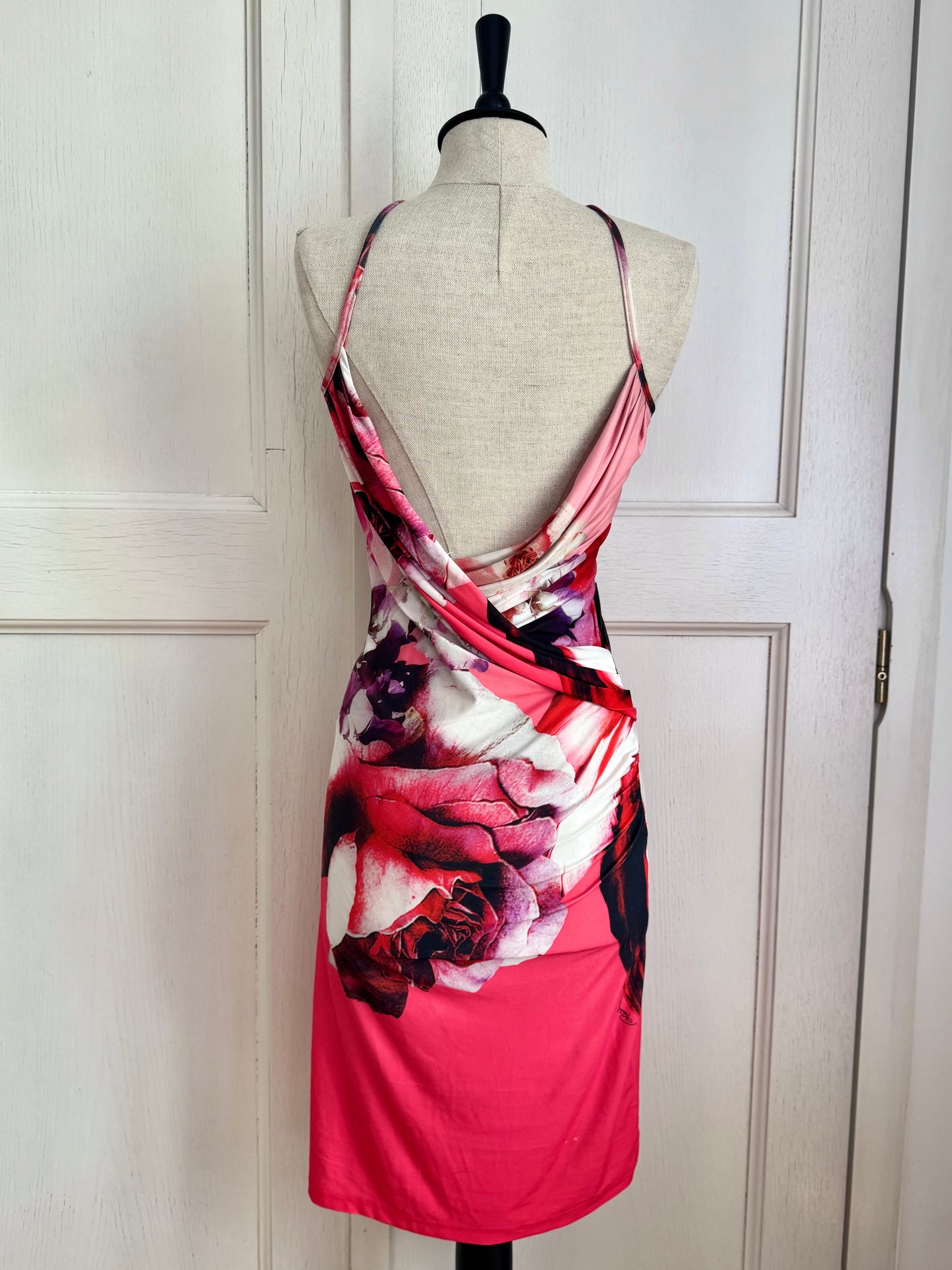 Roberto Cavalli Floral Waterdrops S/S 2000 Miss Universe Cross Neckline Dress (S-XS)