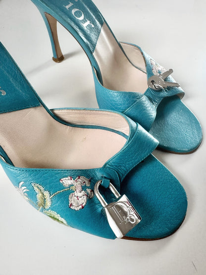 ICONIC Dior by John Galliano F/W 2003 Blue Embroidered Flower & Locket Charm Heels (EU 37)