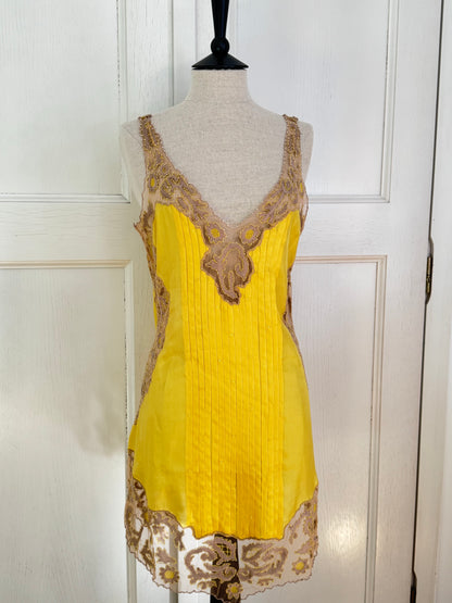 RUNWAY Blumarine 2008 Spring / Summer Silk Yellow Beaded Lace Dress (IT 44 / L)