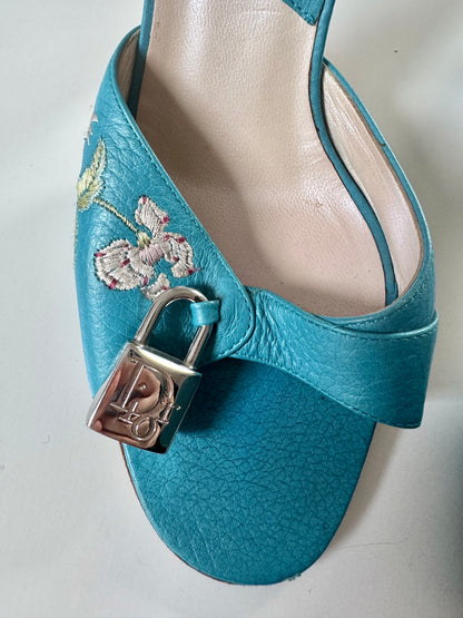 ICONIC Dior by John Galliano F/W 2003 Blue Embroidered Flower & Locket Charm Heels (EU 37)