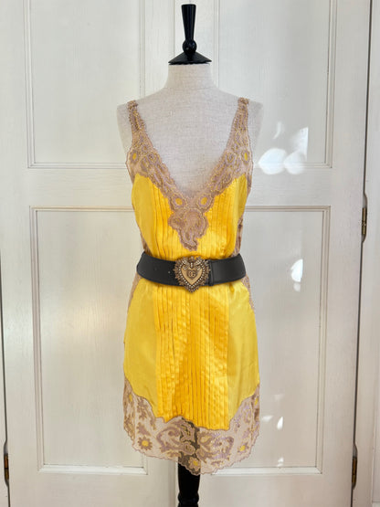 RUNWAY Blumarine 2008 Spring / Summer Silk Yellow Beaded Lace Dress (IT 44 / L)