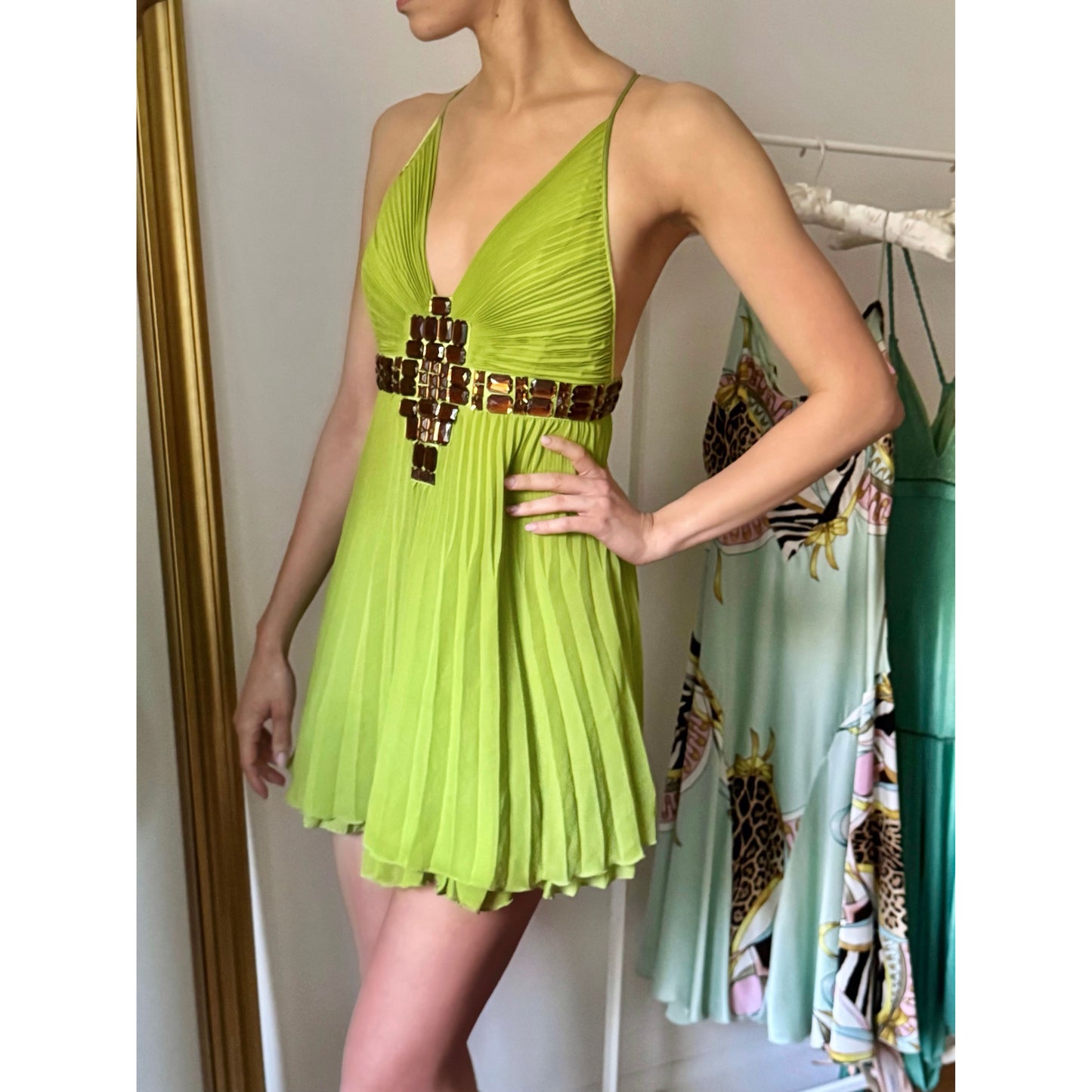 ICONIC Just Cavalli 2001 Green Bejeweled Mini Pleated Dress (S / IT 40)