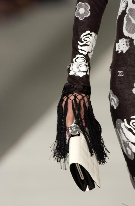 RUNWAY Chanel S/S 2004 by Karl Lagerfeld Black and White Camellia Fringe Top (S / FR 36)