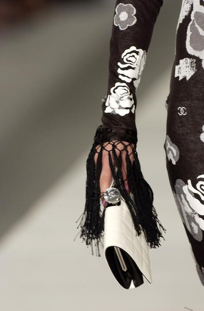 RUNWAY Chanel S/S 2004 by Karl Lagerfeld Black and White Camellia Fringe Top (S / FR 36)