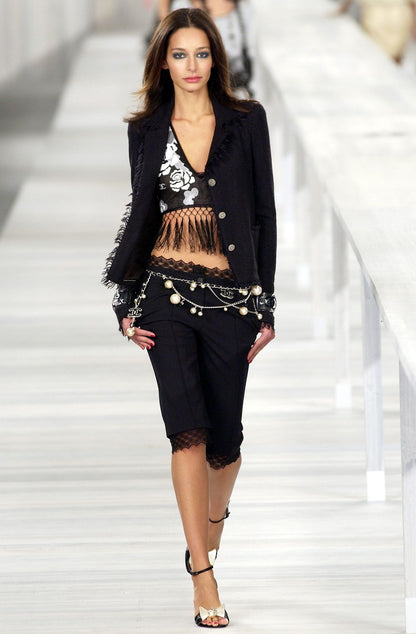 RUNWAY Chanel S/S 2004 by Karl Lagerfeld Black and White Camellia Fringe Top (S / FR 36)