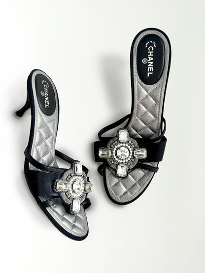 Chanel 2009 Bejeweled Silver & Black Mules by Karl Lagerfeld (EU 39,5)