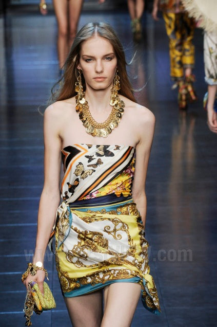 RUNWAY D&G 2012 Silk Print And Denim Dress (S / IT 38)