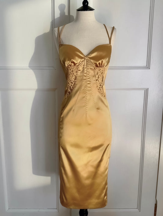 RUNWAY D&G Gold Fall / Winter 2003 Bodycon Corset Dress With Lace (L)