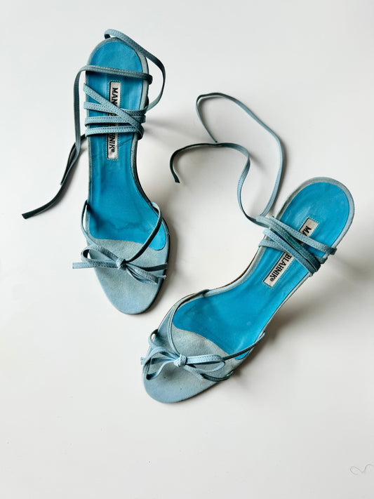 Manolo Blahnik Vintage Blue Ribbon Suede Sandals (EU 37,5)