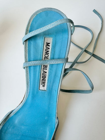 Manolo Blahnik Vintage Blue Ribbon Suede Sandals (EU 37,5)