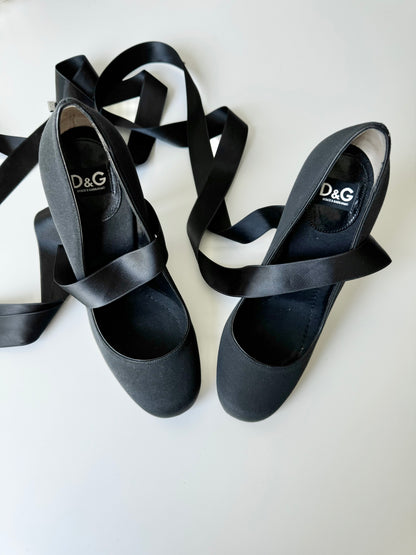 Dolce and Gabbana D&G Black Ribbon Ballet Heels (EU 38)