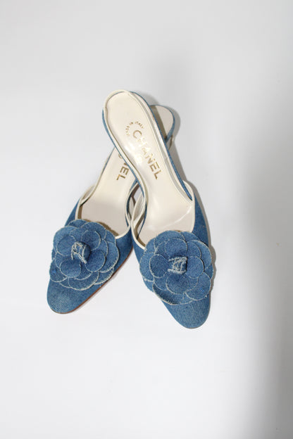 Chanel Camelia Denim Slingback Heels (EU 37)