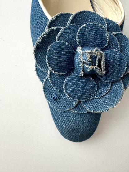 Chanel Camelia Denim Slingback Heels (EU 37)