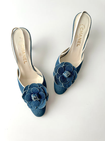 Chanel Camelia Denim Slingback Heels (EU 37)