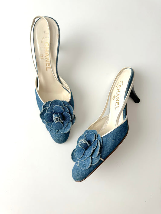 Chanel Camelia Denim Slingback Heels (EU 37)