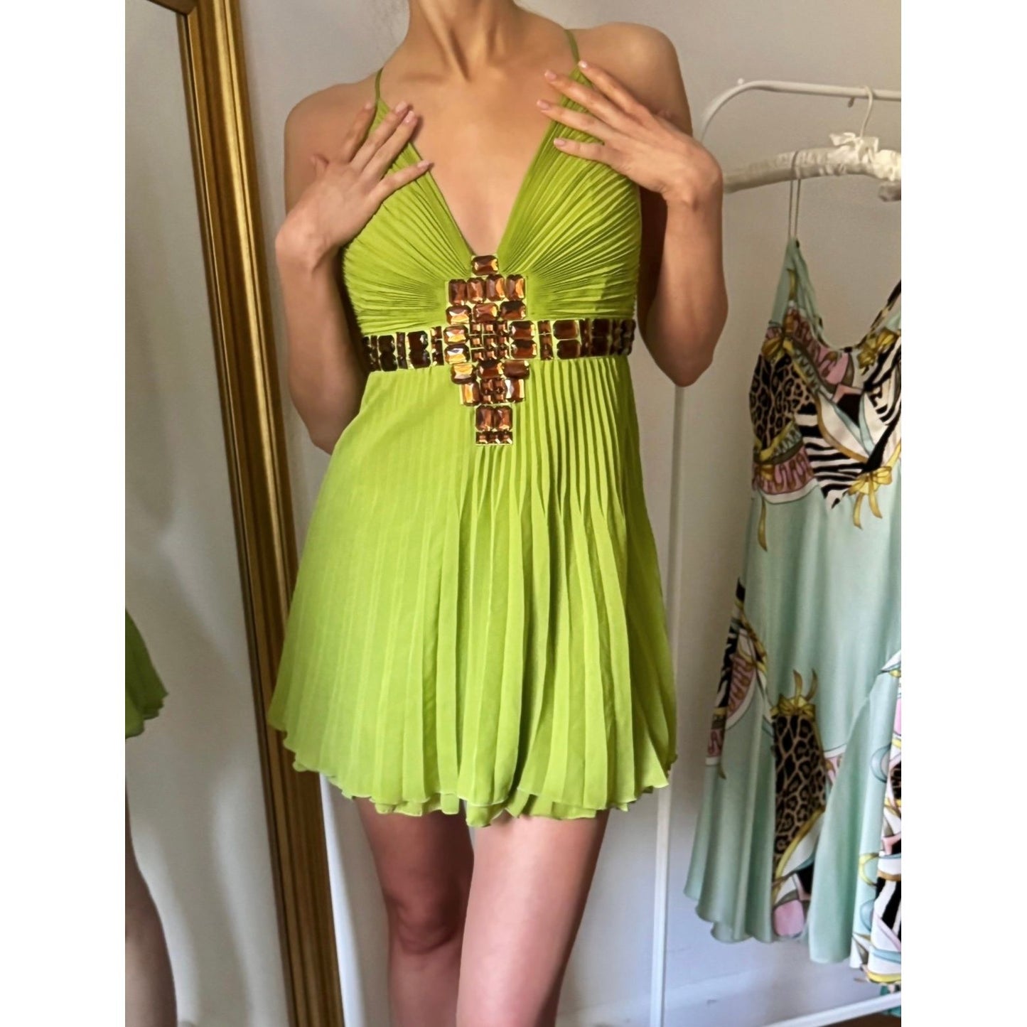 ICONIC Just Cavalli 2001 Green Bejeweled Mini Pleated Dress (S / IT 40 Ciao Kasia ICONIC Just Cavalli 2001 Green Bejeweled Mini Pleated Dress (S / IT 40 Ciao Kasia