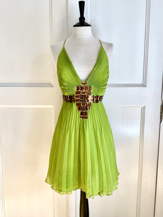ICONIC Just Cavalli 2001 Green Bejeweled Mini Pleated Dress (S / IT 40)