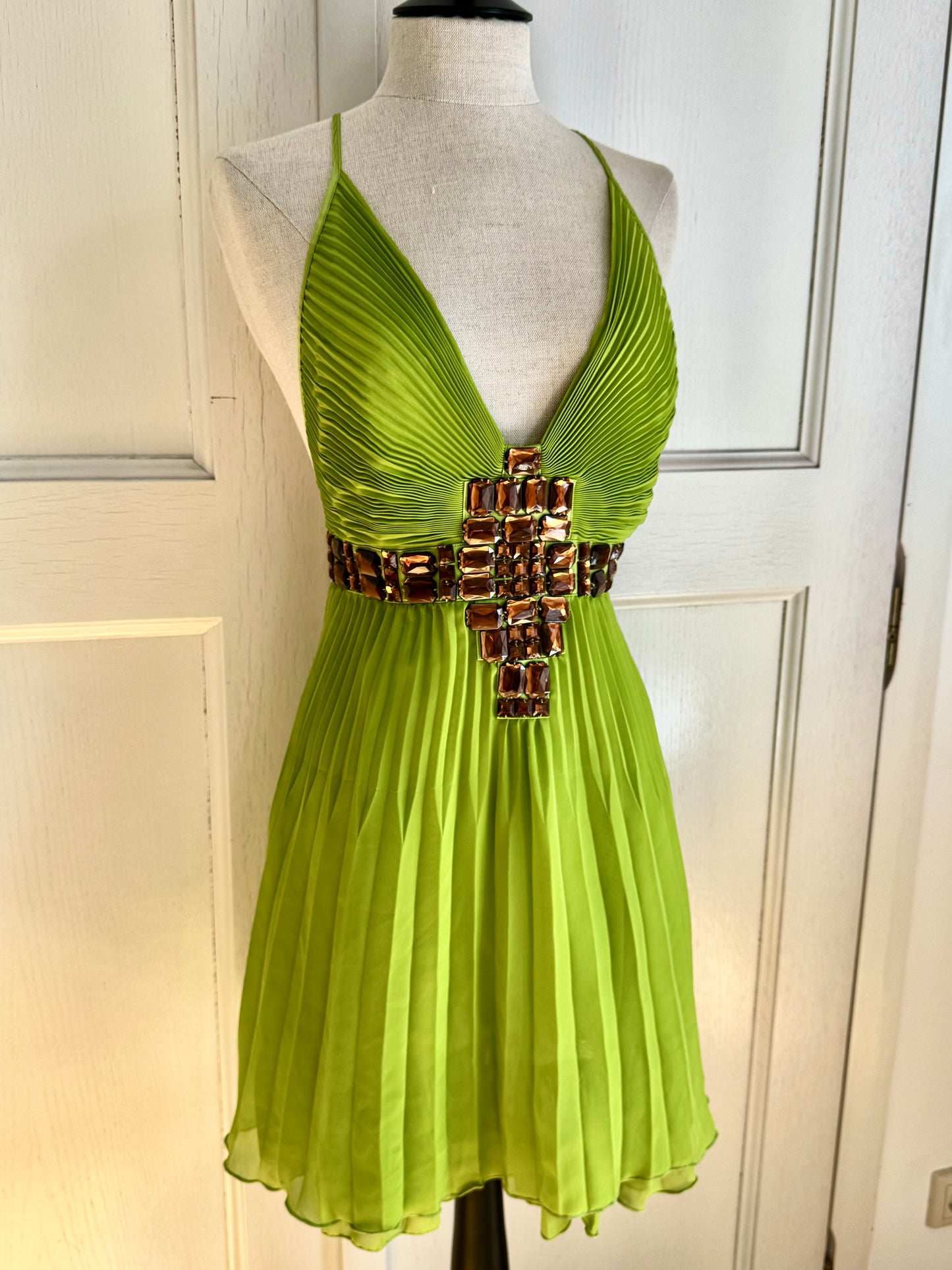ICONIC Just Cavalli 2001 Green Bejeweled Mini Pleated Dress (S / IT 40)