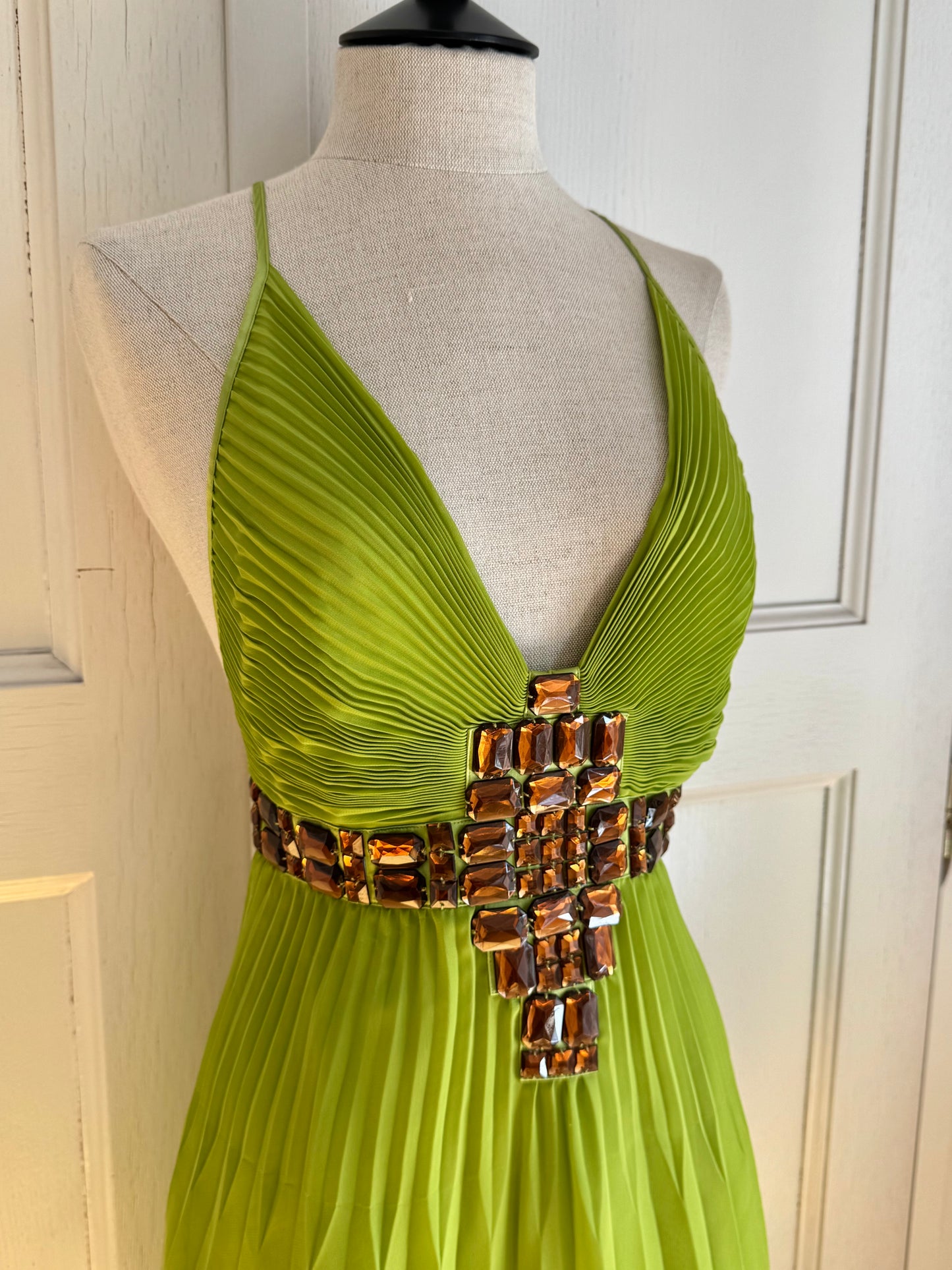 ICONIC Just Cavalli 2001 Green Bejeweled Mini Pleated Dress (S / IT 40)