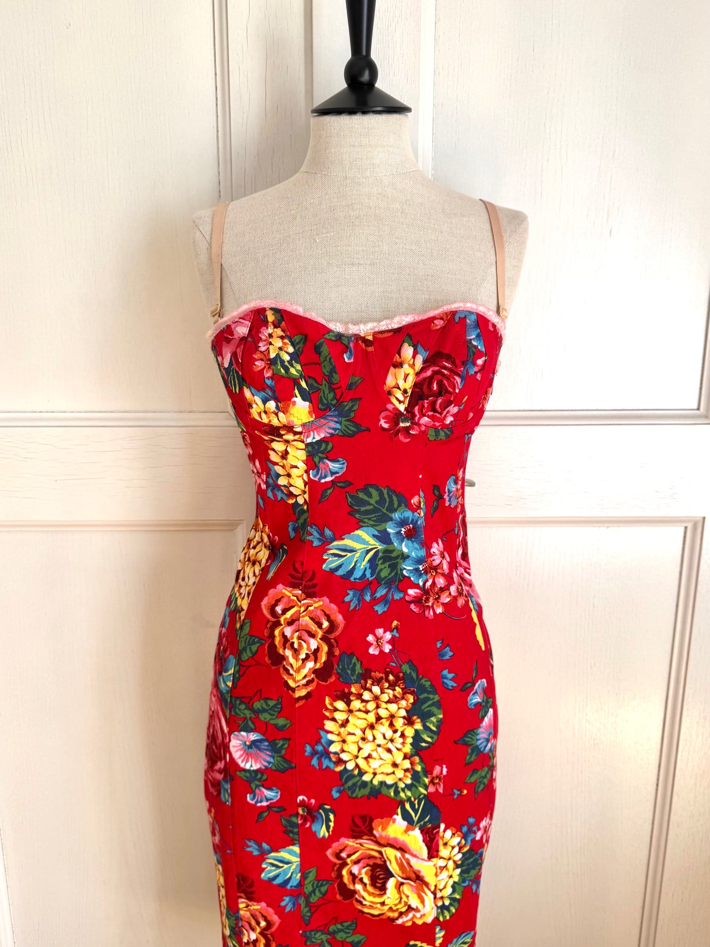 Dolce Gabbana D&G S/S 2003 Red Floral Denim Corset Dress (M)