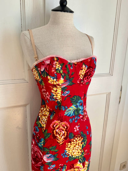 Dolce Gabbana D&G S/S 2003 Red Floral Denim Corset Dress (M)