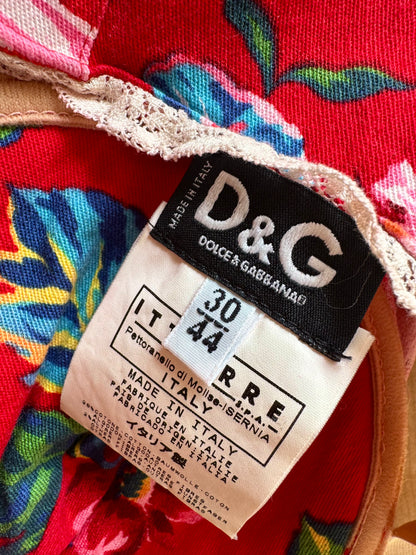 Dolce Gabbana D&G S/S 2003 Red Floral Denim Corset Dress (M)