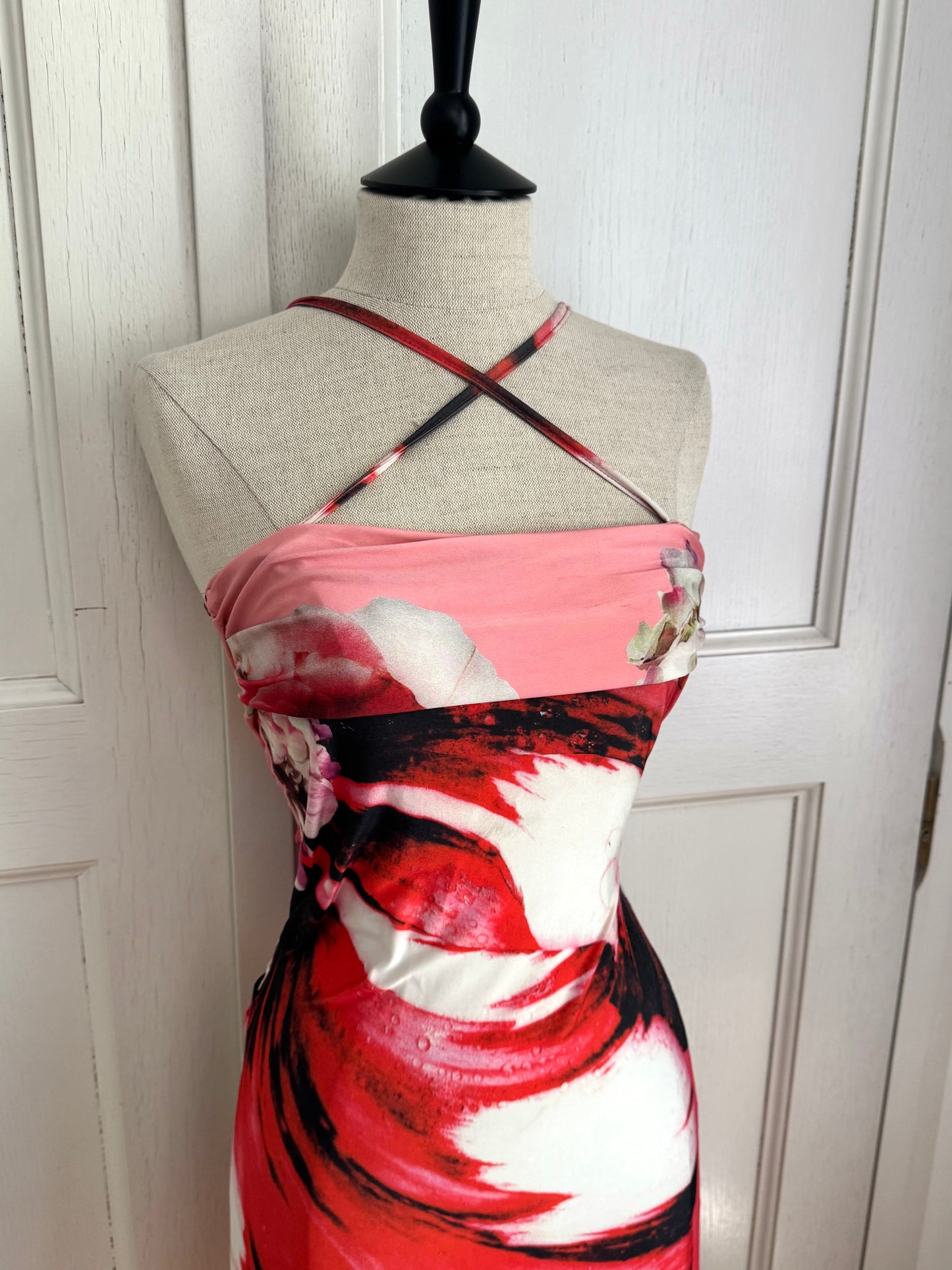 Roberto Cavalli Floral Waterdrops S/S 2000 Miss Universe Cross Neckline Dress (S-XS)