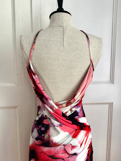 Roberto Cavalli Floral Waterdrops S/S 2000 Miss Universe Cross Neckline Dress (S-XS)