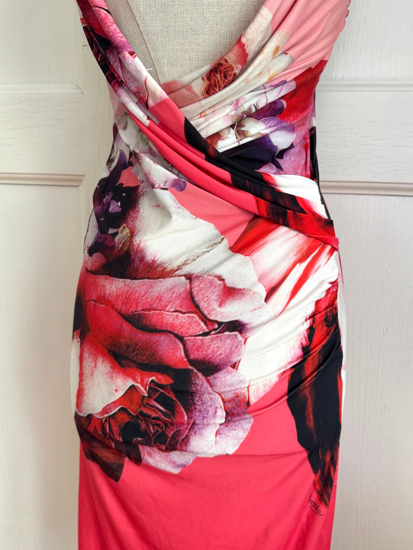 Roberto Cavalli Floral Waterdrops S/S 2000 Miss Universe Cross Neckline Dress (S-XS)