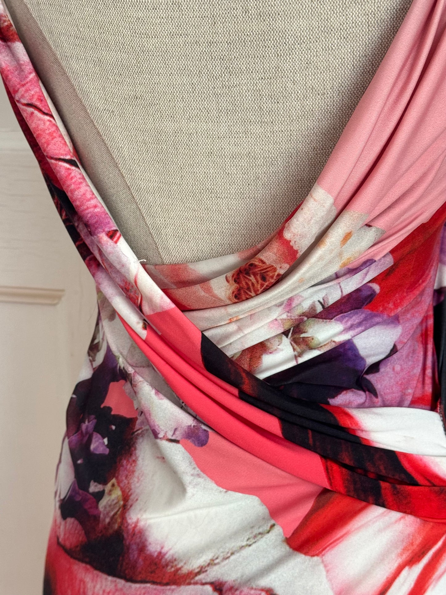Roberto Cavalli Floral Waterdrops S/S 2000 Miss Universe Cross Neckline Dress (S-XS)