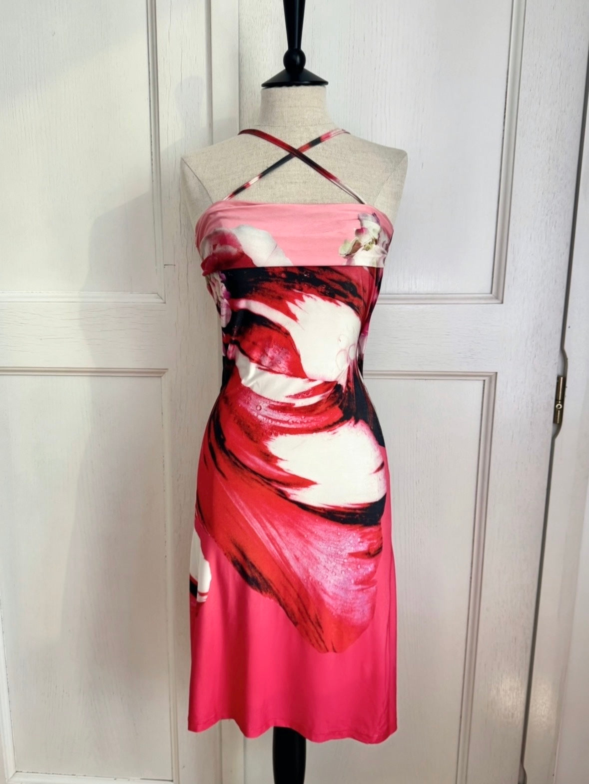 Roberto Cavalli Floral Waterdrops S/S 2000 Miss Universe Cross Neckline Dress (S-XS)