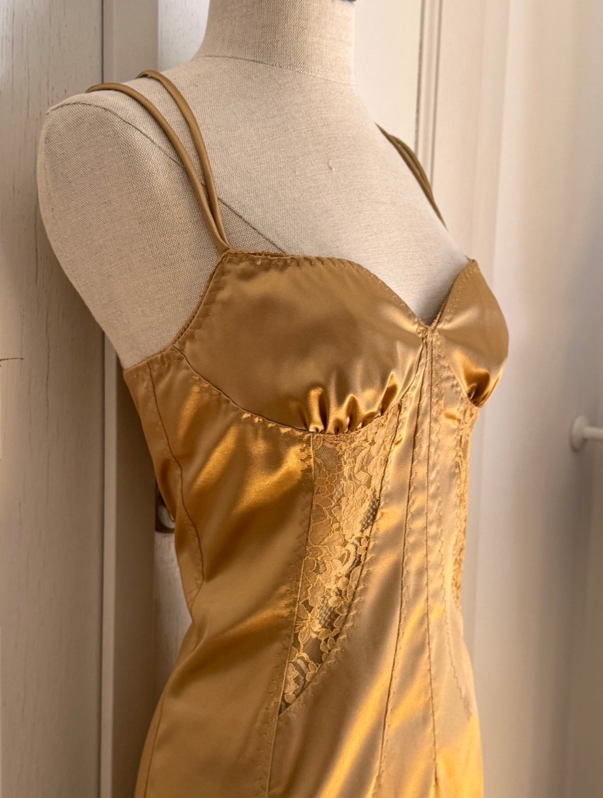 RUNWAY D&G Gold Fall / Winter 2003 Bodycon Corset Dress With Lace (L)