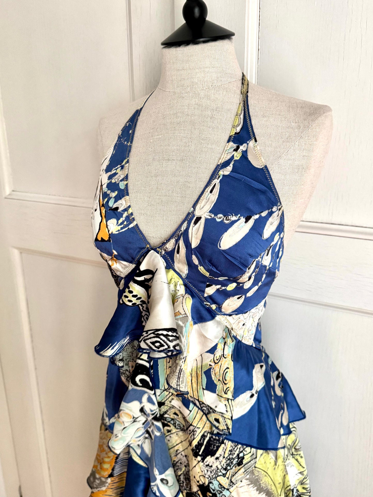 Just Cavalli Vintage S/S 2004 Blue Ruffled Asymmetric Halter Dress (S / IT 40)