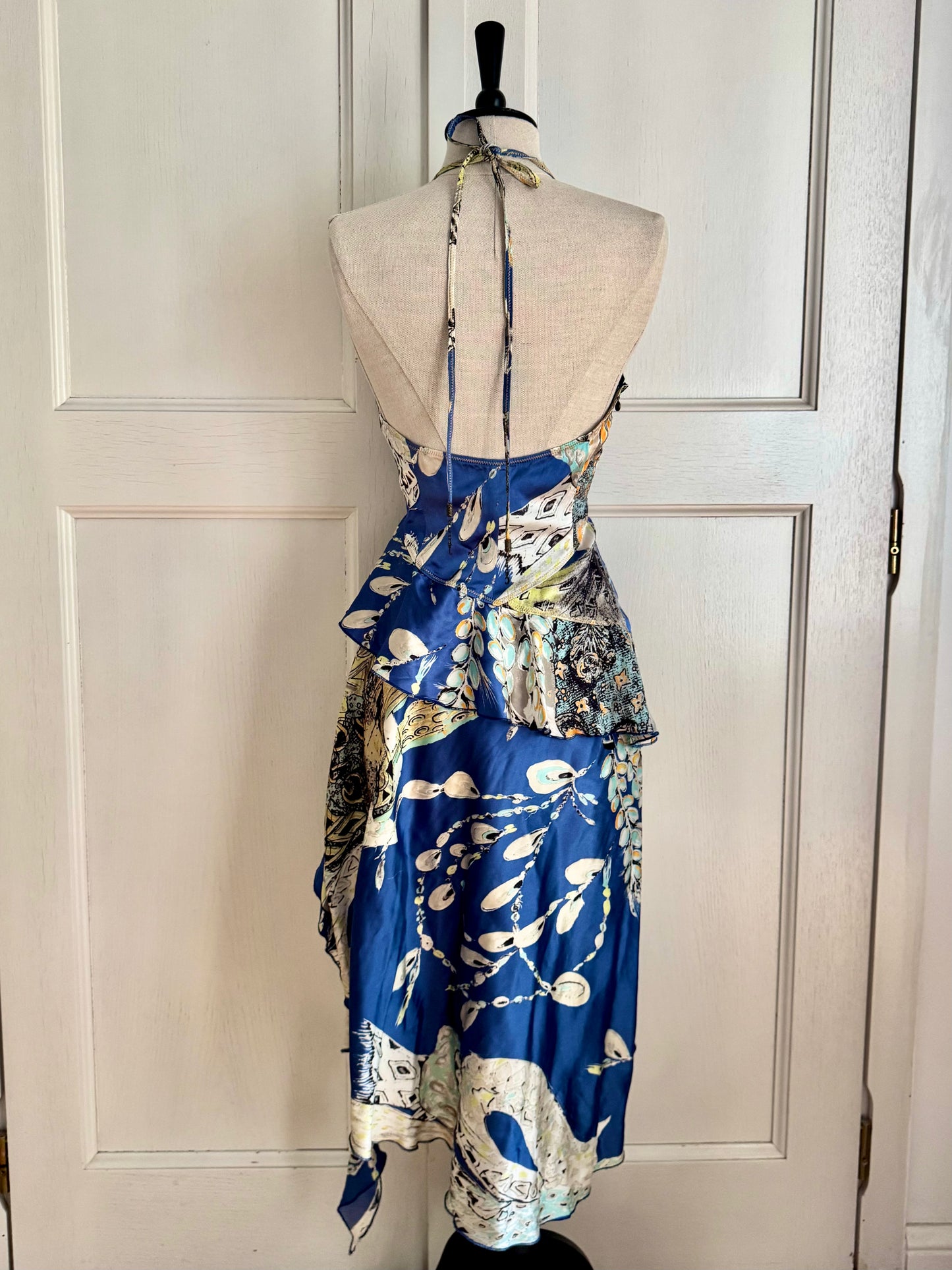 Just Cavalli Vintage S/S 2004 Blue Ruffled Asymmetric Halter Dress (S / IT 40)